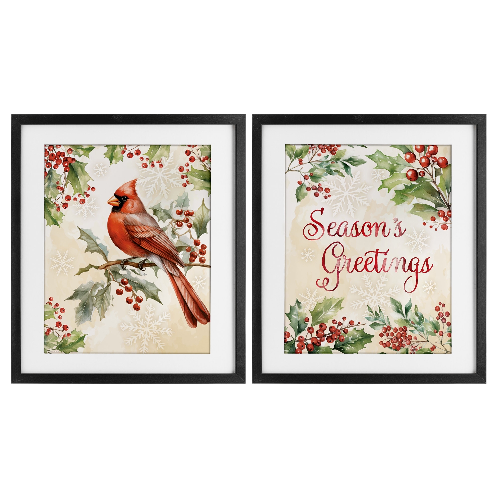 Stupell Season's Greetings and Cardinal Under Glass Framed Design By Nicole DeCamp (Set of 2)