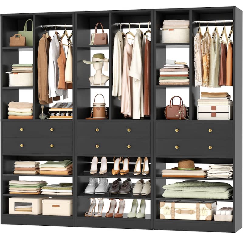 27.7'' Closet Organizer with Shoe Racks and Drawers, Closet System with Hanging Rod and Adjustable Shelves - Black - 3pcs