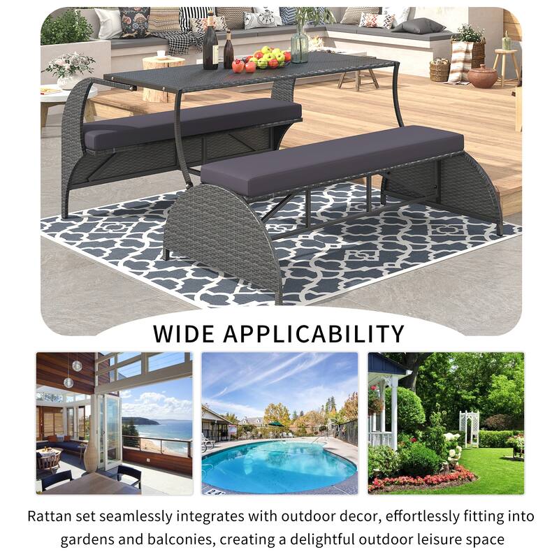 Multi-Functional Outdoor Patio Rattan Loveseat Sofa, Convertible 4-Seats Dining Set