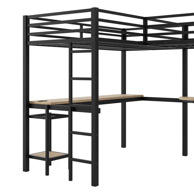 Roomfitters Metal Twin L-Shaped Loft Bed with 2 Desks, LED Lights and Charging Station, Black