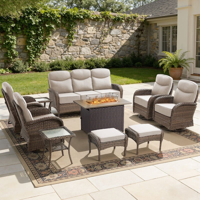 Meyreso 10-Piece Wicker Outdoor Patio Fire Pit Sofa Set with 6-Inch Thick Cushions