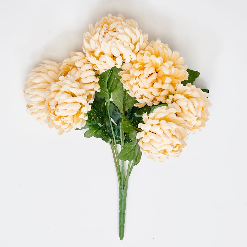 18" Artificial Chrysanthemum Bush with Leaves, Cream - 18