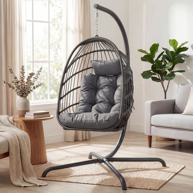 Oversized 1-Person Foldable Hanging Egg Chair - Wicker Swing Chair with Stand, Portable for Indoor Outdoor Patio - Dark Grey