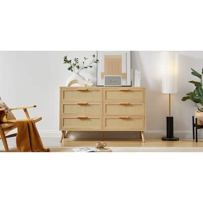 Bedroom dresser,6 Double Dresser with rattan drawers,wood chest of drawers,Natural, 47.2'' W x 15.8'' D x 30'' H