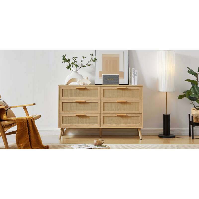 Modern Stylish Double Dressing Drawers with 6 Rattan Drawers, for Childrens Room Living Room Entryway Hallway
