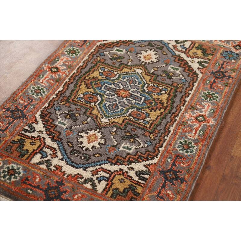 Gray Geometric Heriz Serapi Oriental Foyer Rug Handmade Wool Carpet - 2'1" x 3'1"