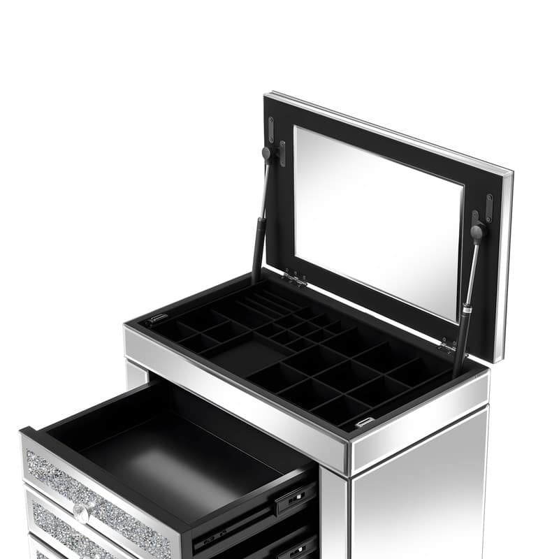 Mirrored Glass Jewelry Armoire with Crushed Diamond Inlay