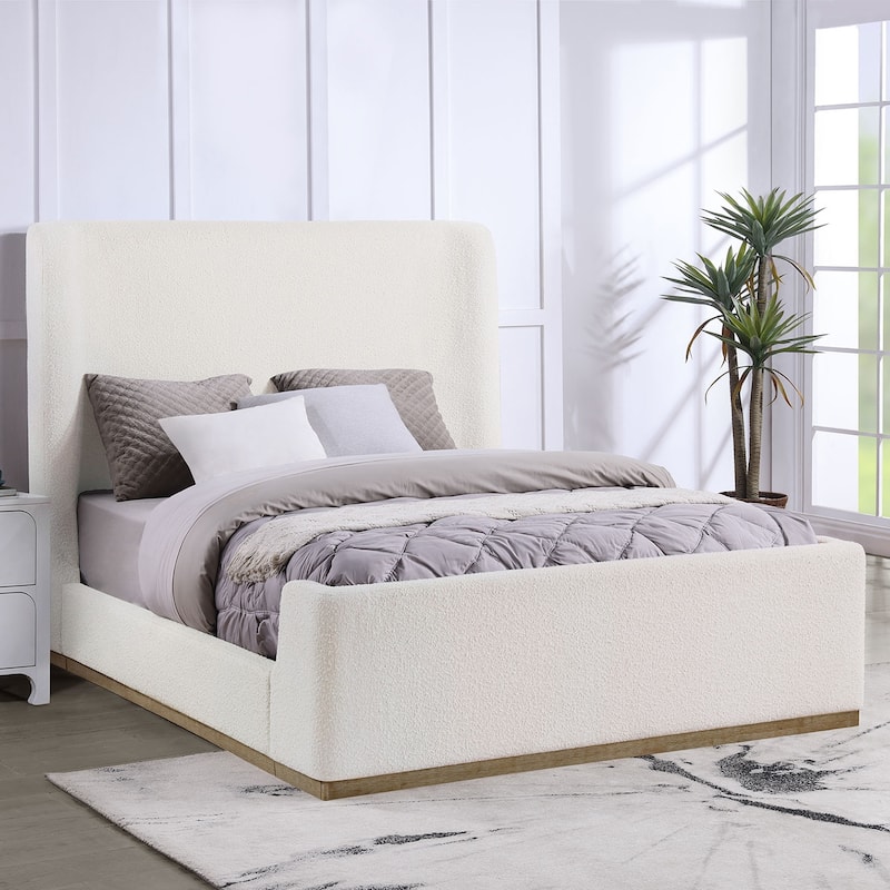 Upholstered Sleigh Bed with Wood Finish Trim in Cream