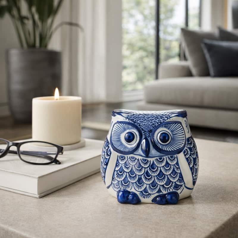 Ceramic Chinoiserie Handpainted Owl Figurine - Blue