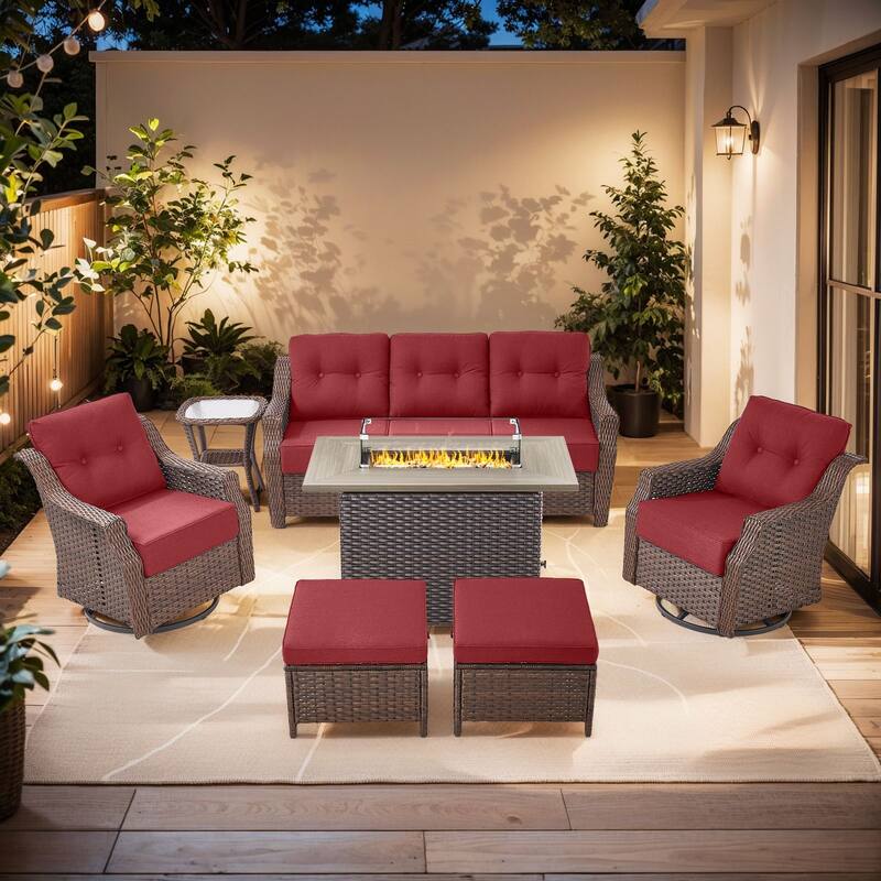 Pocassy Sofa Funiture with Fire Pit Table - Brown Wicker & Red Cushion - 7-Piece Sofa Chair with Rectangle Fire Table