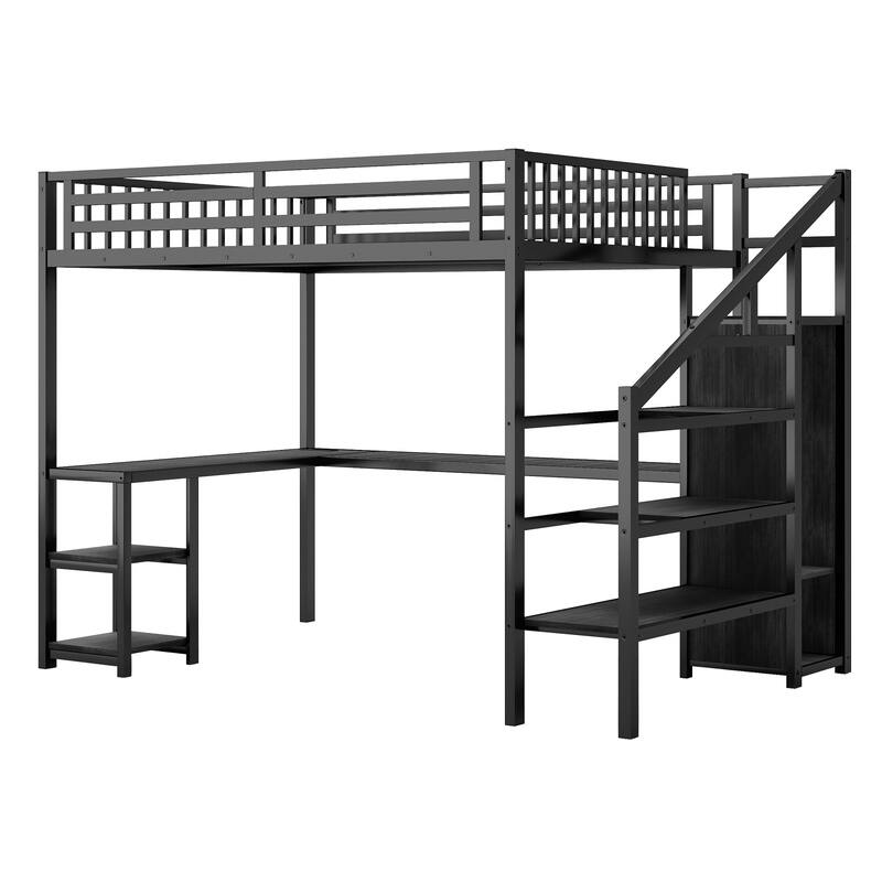 Black Metal Queen Loft Bed w/ Wardrobe & LED Light L Shaped Desk USB for Kids Teens Adults