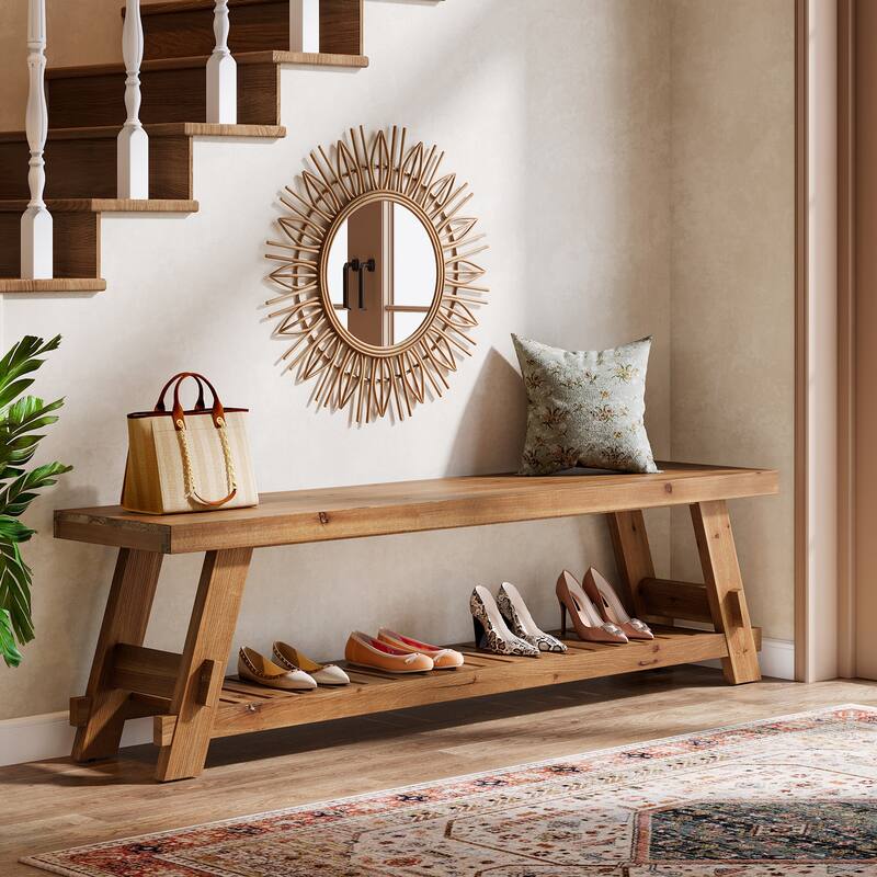 2 Tier Solid Wood Shoe Rack Bench for Entryway, 63 Inch Long Narrow Entryway Bench with Storage Shelf - Rustic Brown