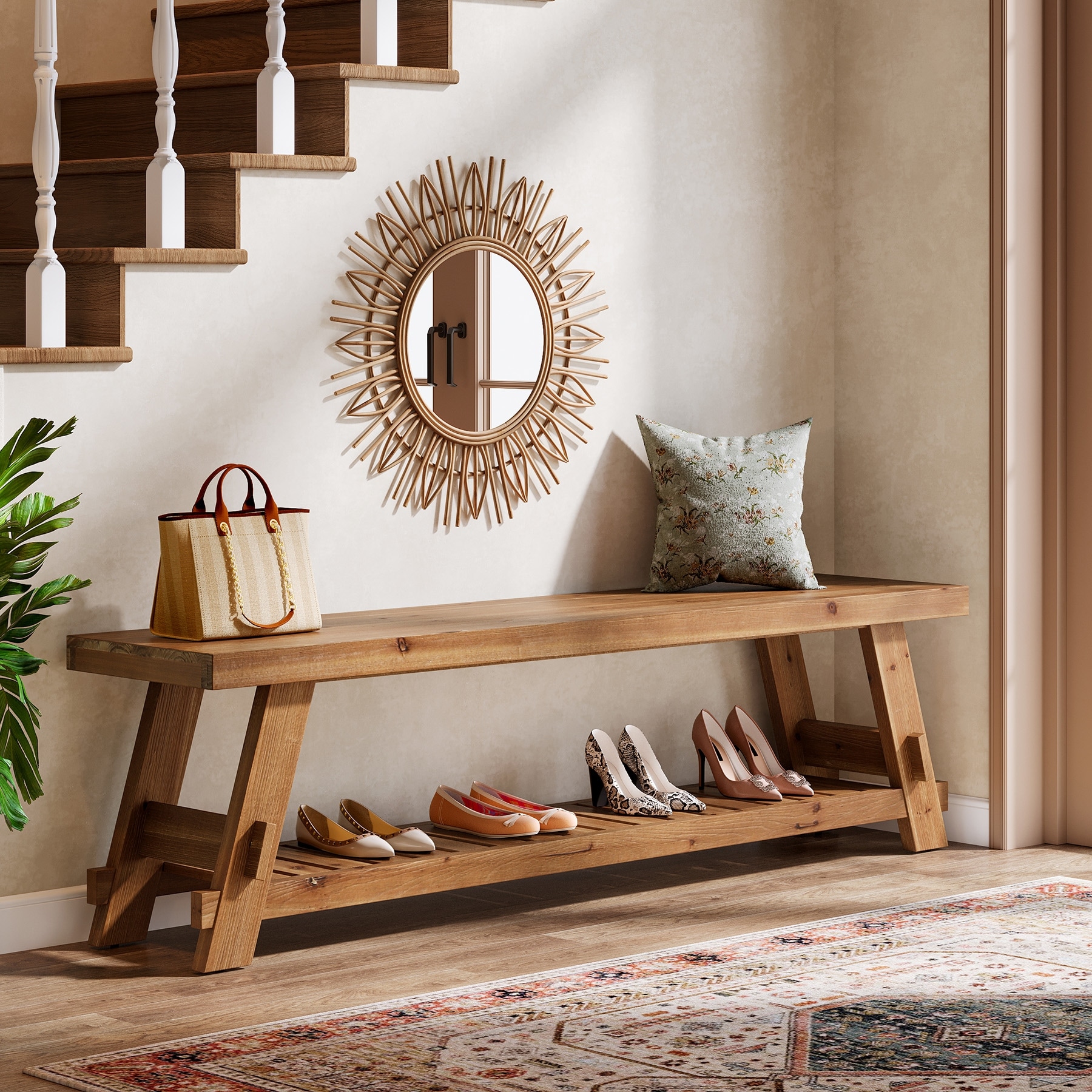 2 Tier Solid Wood Shoe Rack Bench for Entryway - 62.99
