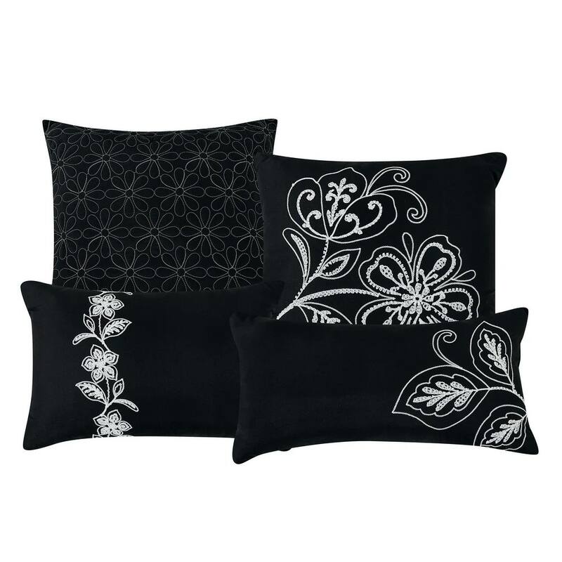 7 Piece Black Floral Comforter Set Embroidery Soft Bedding