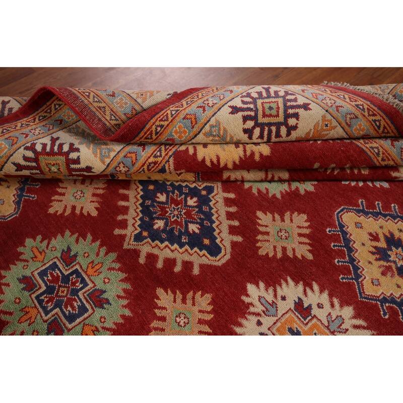 Red Geometric Kazak Area Rug Handmade Wool Carpet - 8'1" x 9'7"