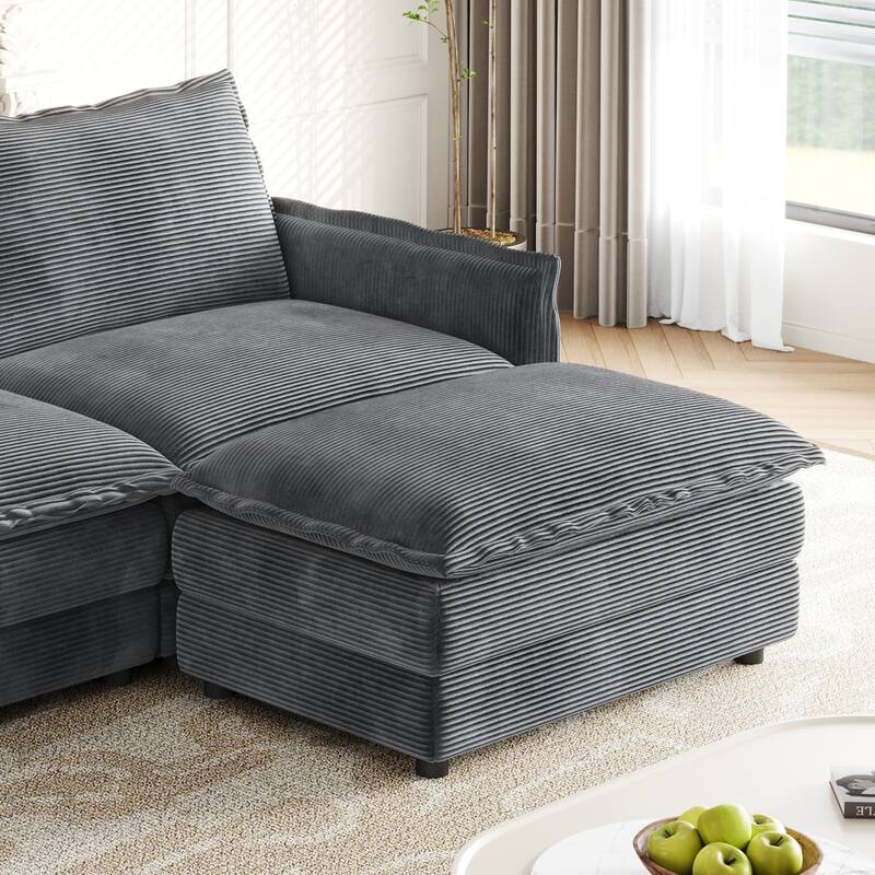 Corduroy Fabric 3-Seater Cloud Couch with 2 Movable Footrest,U Shaped Couch Set,Upholstered Deep Seat 2-Seat with 3 cushions