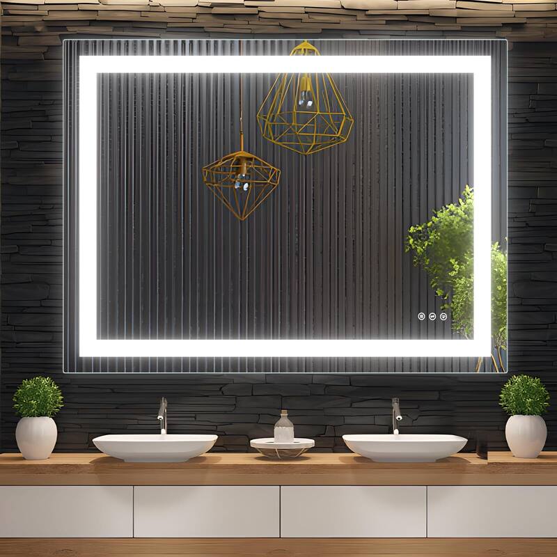 LED Bathroom Mirrorwith Front and Backlight, Stepless Dimmable Wall Mirrors with Anti-Fog - 48"x36"