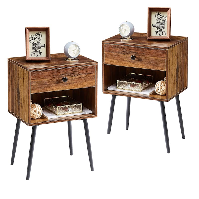 VECELO, (Set of 2) Modern 1-Drawer Brown/Grey Nightstand with Storage Shelf - Brown