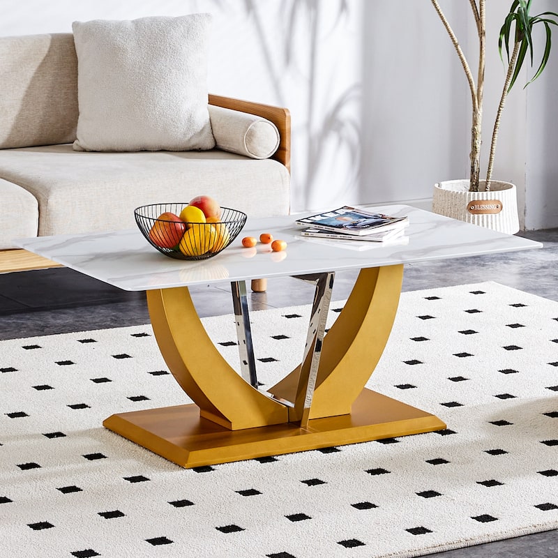 Modern Minimalist Transparent Tempered Glass Coffee Table With Wooden Mdf Legs - Golden