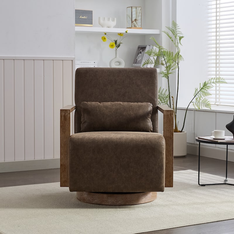 PU Leather Swivel Chair with Wood Armrests