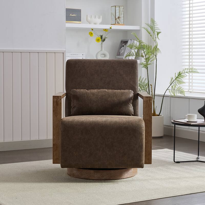 Swivel Accent Chair with Wood Armrests, Modern Faux Leather Arm Chair for Living Room, Comfy Club Reading Chairs for Bedroom