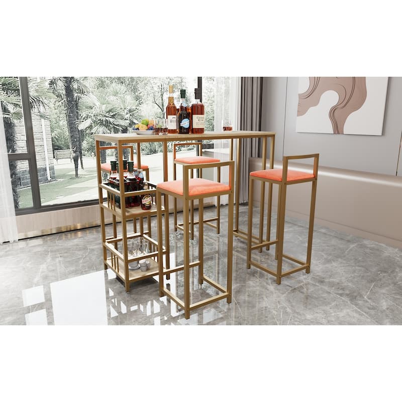 5 Piece Bar Table Set, Counter Height Kitchen Table Set, Metal Table and Chairs Set with 4 Upholstered Chairs & Storage Shelves