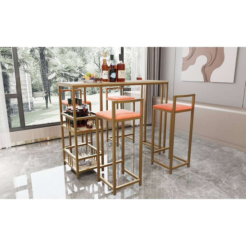 5-Piece Bar Table Set with 4 Gold Stools & Storage Shelf