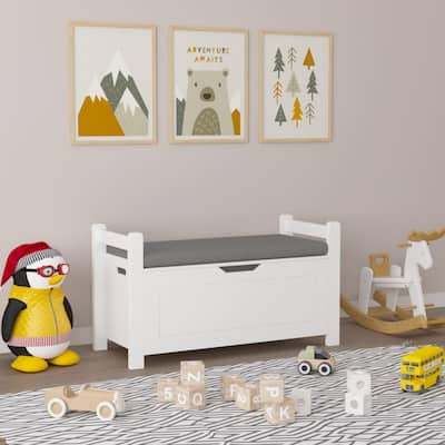 Kid Toy Box Chest, Large Storage Cabinet with Cushion Seat Bench/Flip-Top Lid/Safety Hinge for Nursery, Playroom, White
