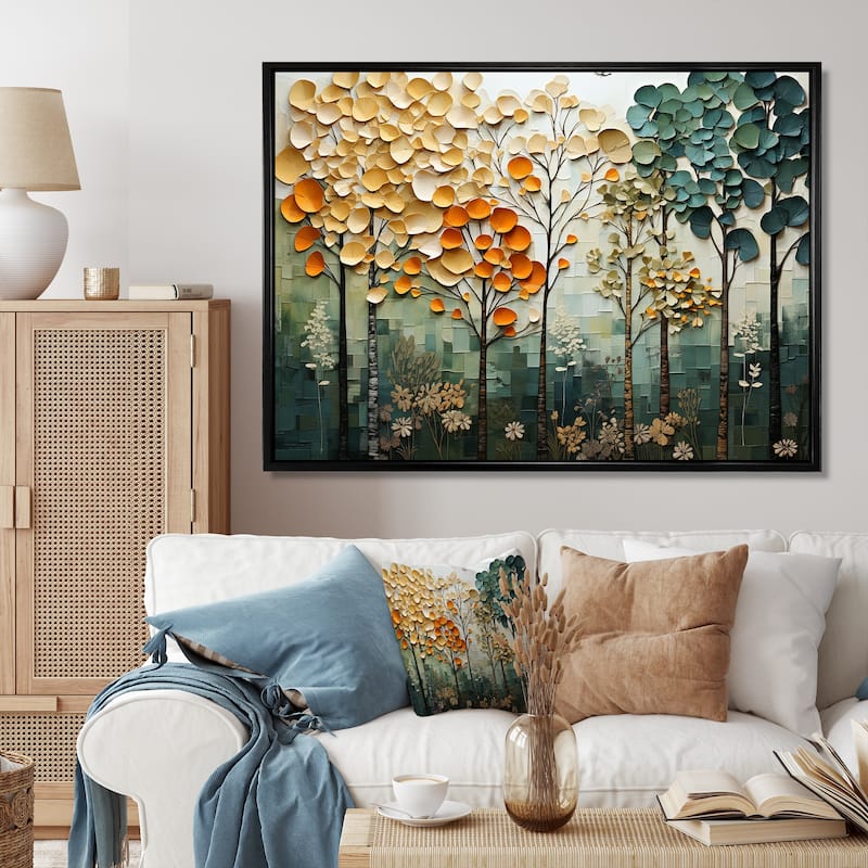 Designart "Orange Green Trees Canopy Patchwork I" Landscape Trees Framed Wall Art Living Room - 40 in. wide x 30 in. high - Black