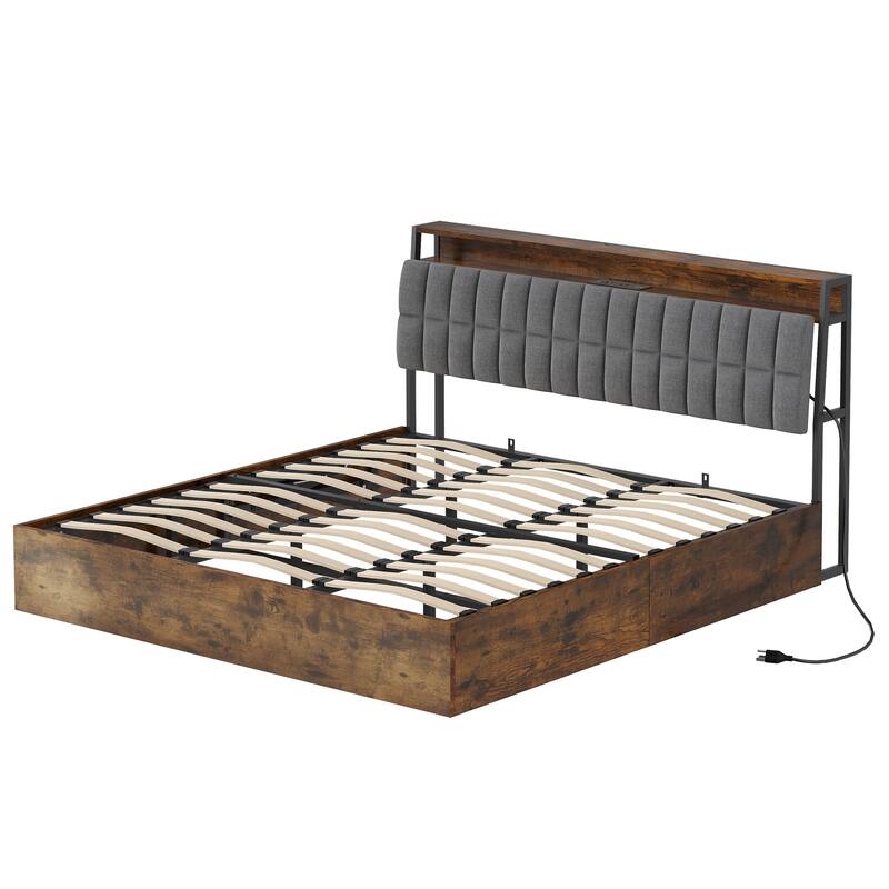 Moasis Lift-Up Storage Bed Frame with Charging Station & Storage Headboard