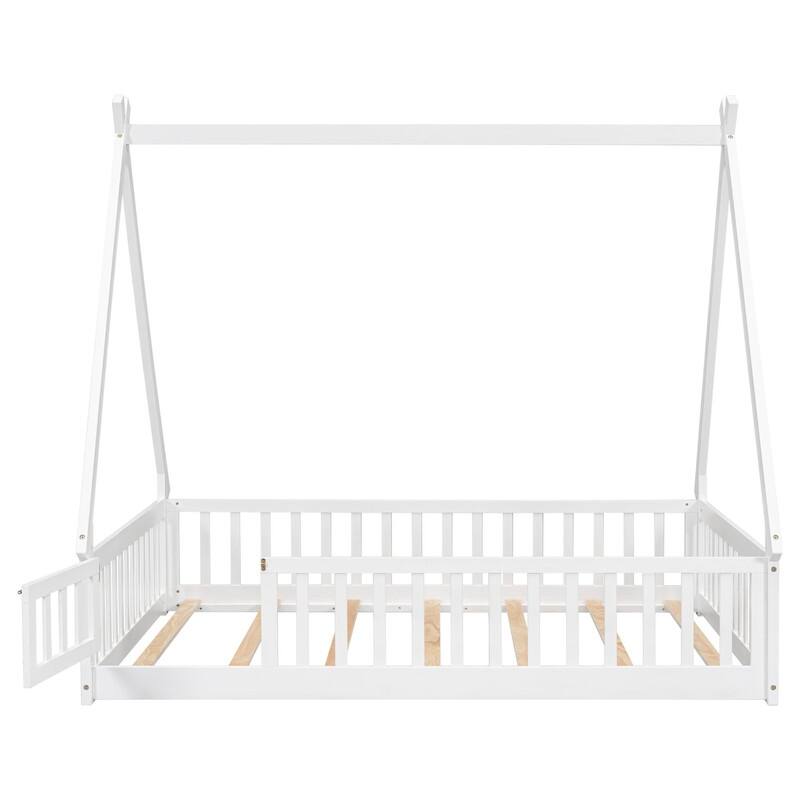 Tent-shaped Full Size Floor Bed with Guardrails, Slats, Door, for Kids