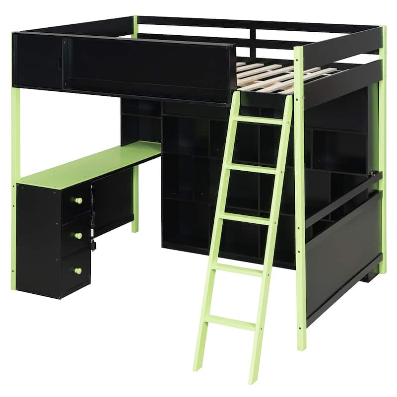 Full Size Wood Loft Bed with Desk, Storage & Light