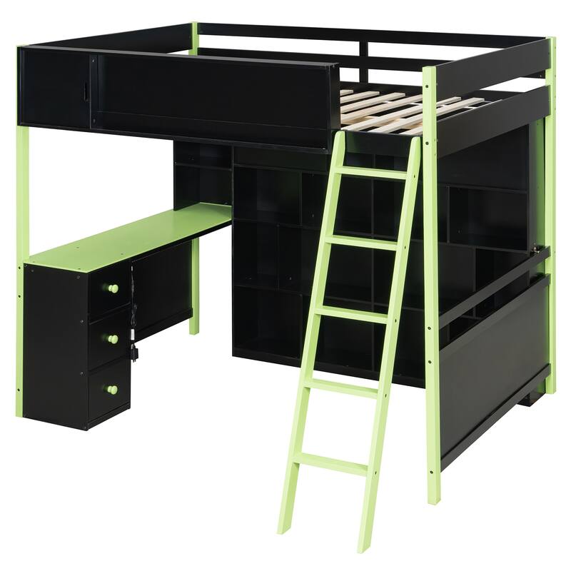 RGB Gaming Loft Bed with Desk, Light Strip, Display Wall, Storage Shelves, Sliding Access Door and Drawers, No Box Spring Needed