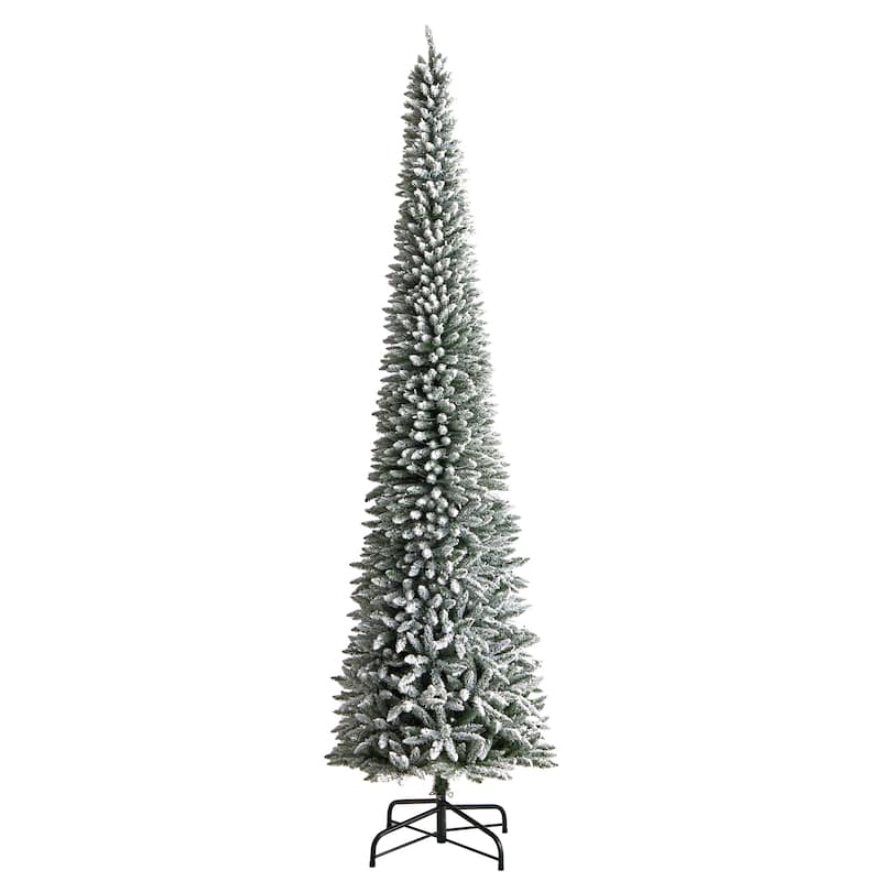 12' Pre-Lit Pencil Flocked Artificial Christmas Tree, Clear Lights - over-10-feet