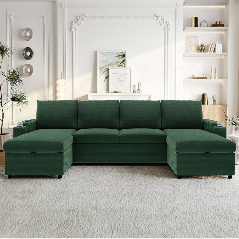 Roomfitters Convertible Sofa Bed 109.5" U-Shaped Sectional Upholstered Sofa with Storage Chaise, Cup Holders and USB Ports