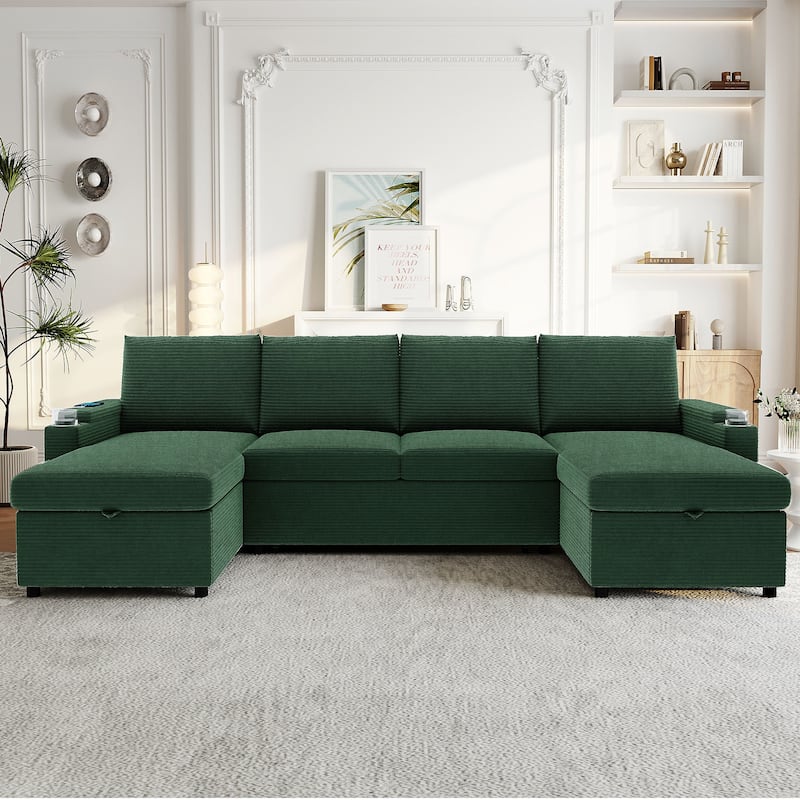 U-Shaped Sectional Sofa Convertible Sleeper Sofa with Dual Storage Chaise Lounges, Cup Holders, USB, Storage Boxes and Pockets