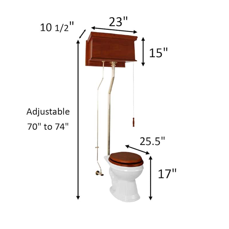 High Tank Toilet - Light Mahogany Flat Tank, Brass L Pipe and Round White Bowl Renovators Supply