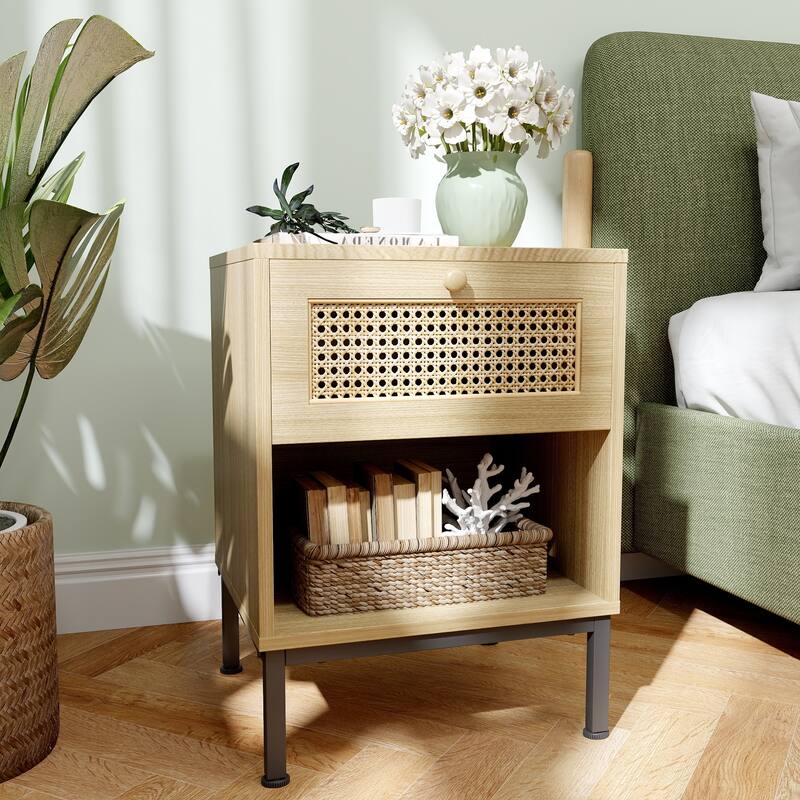 Rattan End Table/ Nightstand with Drawer, Farmhouse Boho Bed Side Table