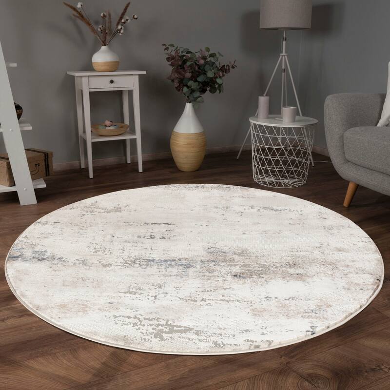 Omari Collection Cream Abstract Traditional Area Rug - 7'9" Round