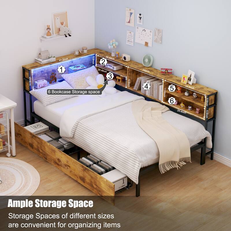 Corner Daybed Kids Platform Bed Frame with Storage Bookcase, Underbed Drawers, Charging Station and LED Lights