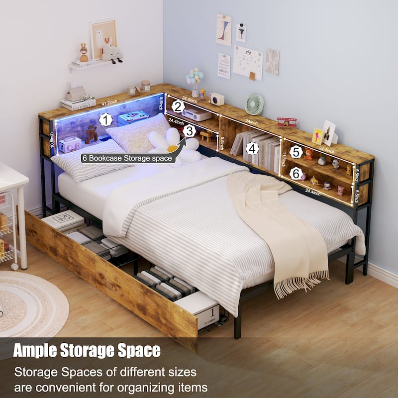 Twin Size Daybed w/ Storage Drawers Underneath Charging Station & LED Light Storage Bookcase