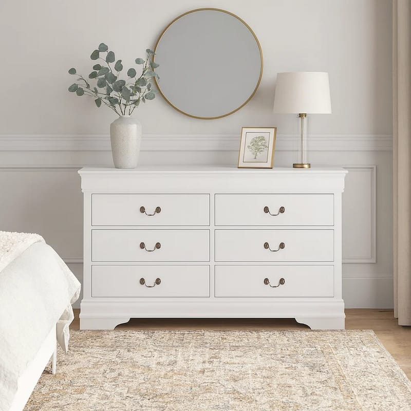Transitional Style 6 Drawer Dresser with Metal Pulls, White