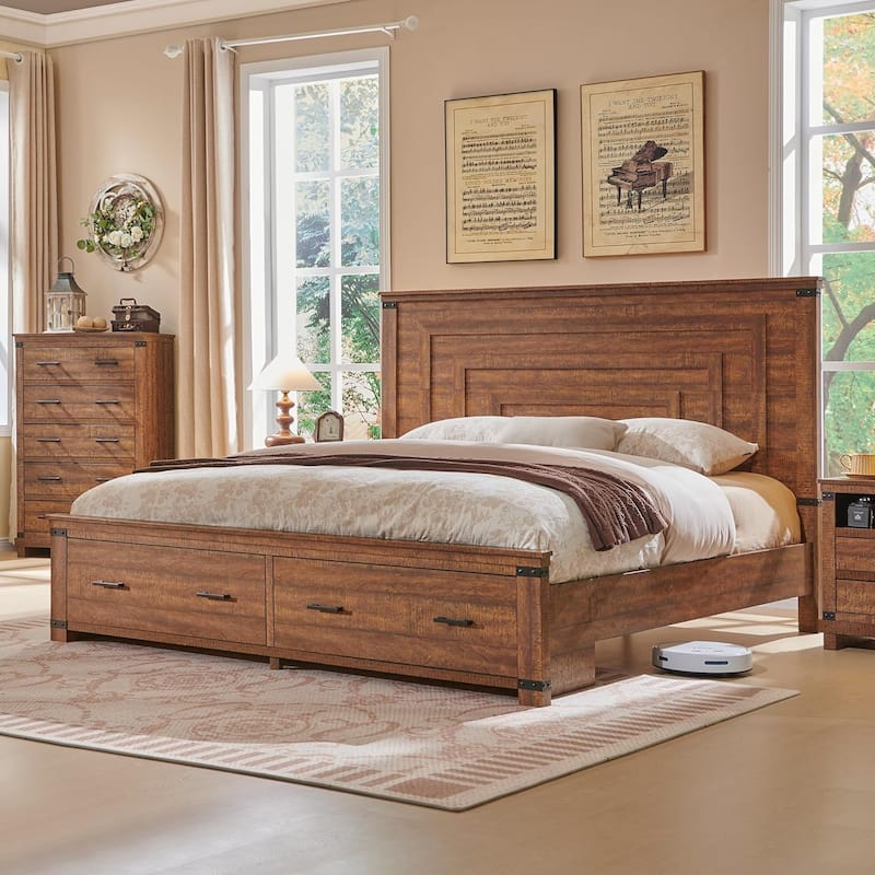 Farmhouse Wood Bed Frame with 54" Tall Headboard, 2 Large Drawers