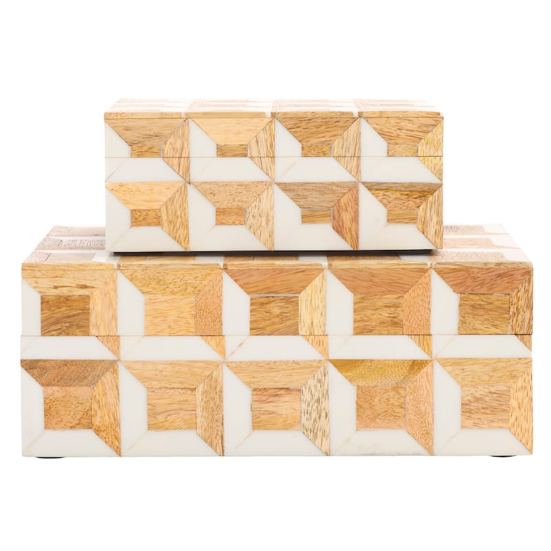 SAFAVIEH Home Aria Antique Ivory/Natural Brown Resin/Mango Wood Decorative Box Set of 2