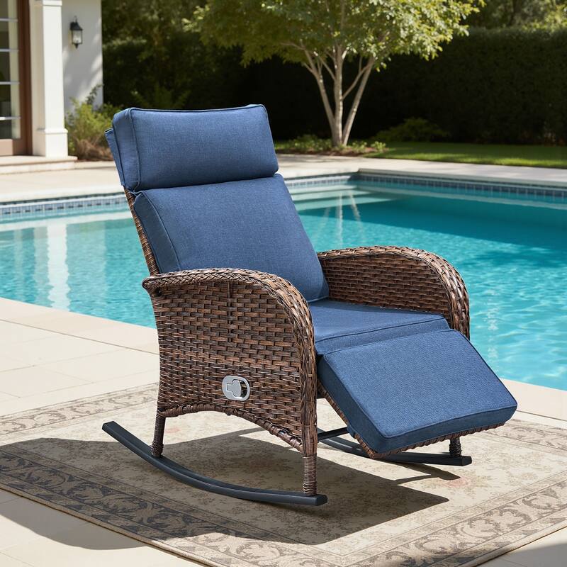 Meyreso Wicker Rocking Reclining Chaise Lounge with Adjustable Backrest & Footrest - Blue/1-Piece