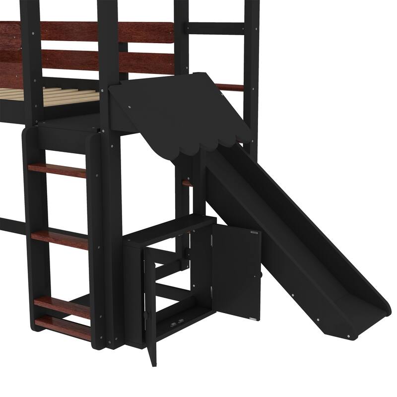 Twin Size Loft Bed with Bookshelf Playful Design for Kids House-Shaped Structure with Slide High-Quality Safety Rails