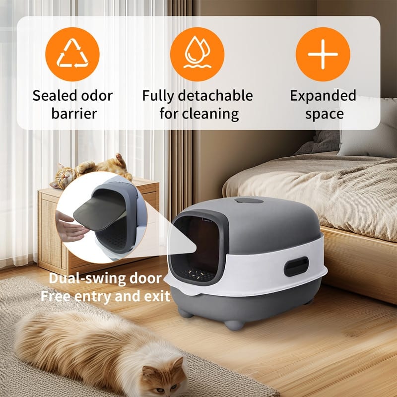 XXL Enclosed Cat Litter Box Oval Front Entry Cat Toilet Tray with Scoop - 13.4x22x15 inch