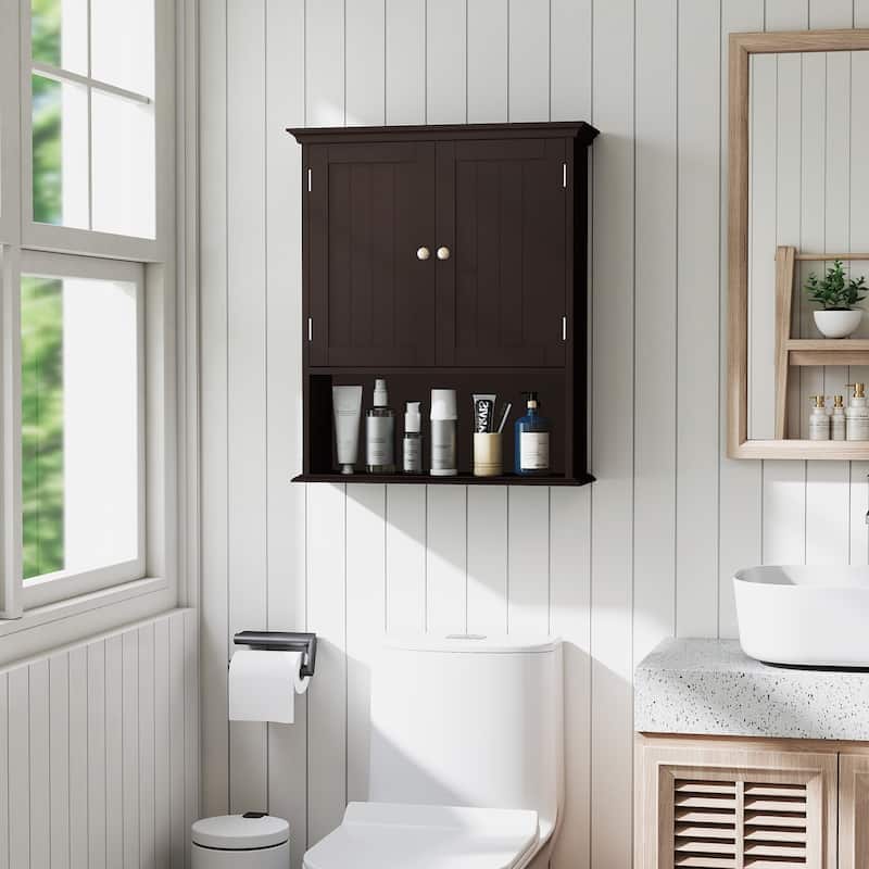 Wall Mounted MDF Bathroom Storage Cabinet with Doors and Shelf Organizer Ideal for Small Spaces - 23.5" x 7.5" x 28" (L x W x H)
