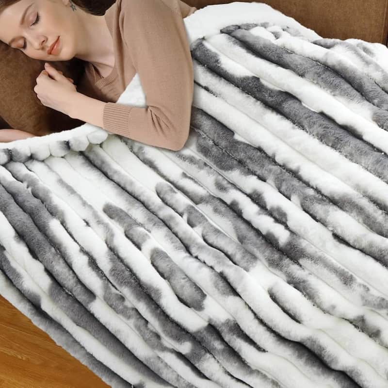 Cozy Faux Rabbit Fur Electric Blanket Heated Throw, Grey+White - 90"x100"