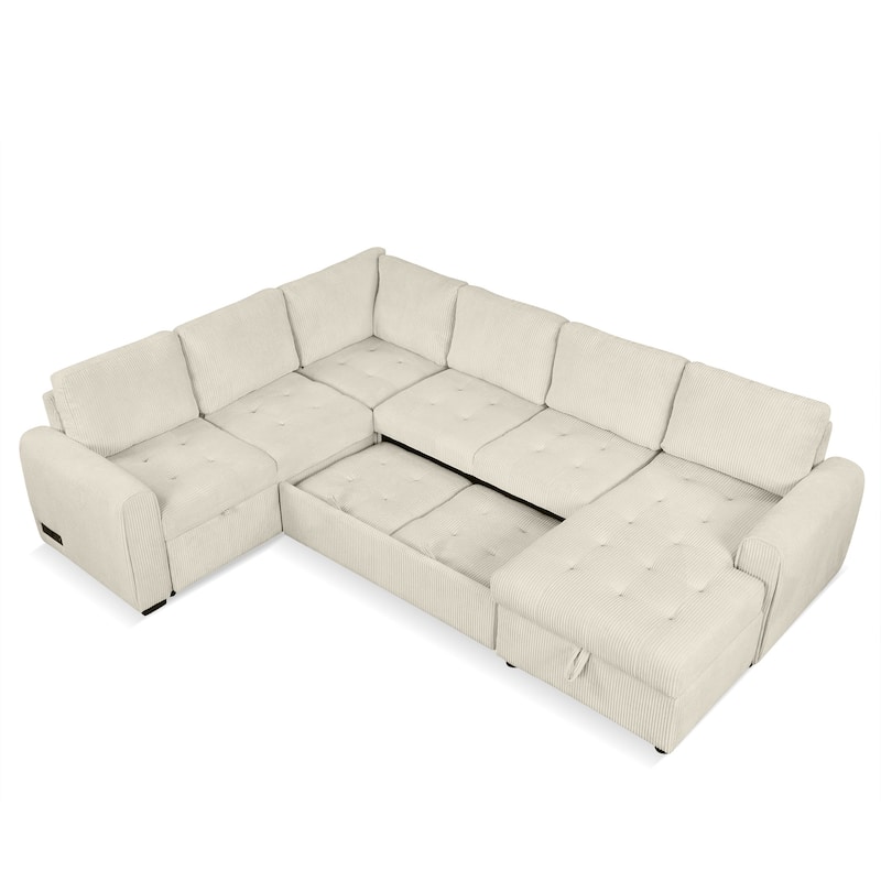 107.5" U-Shaped Corduroy Sectional Sofa Bed with USB
